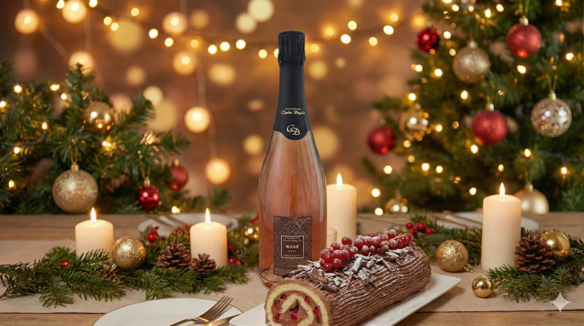 Champagne Rosé y Tronco de Navidad