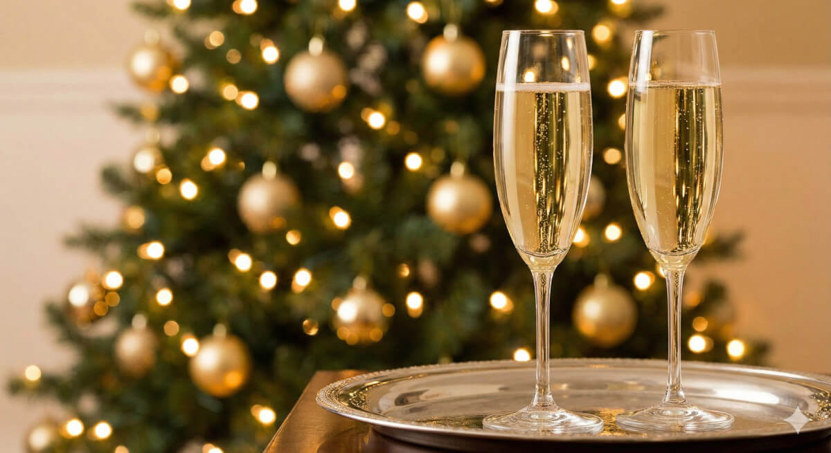 Copas de champagne elegantes frente a un árbol de Navidad